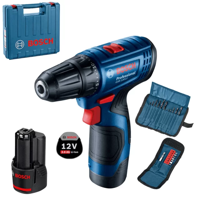 Masina de gaurit si insurubat BOSCH GSR 120-LI cu 2 acumulatori Li-Ion, 2Ah cu valiza si 23 accesorii