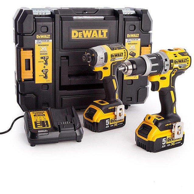 Set 2 scule profesionale pe acumulator DeWALT DCK266P2T, 18V XR, motor fara perii, masina de gaurit cu percutie DCD796, masina de insurubat cu impact DCF887, 2 x acumulator 5.0 Ah, incarcator rapid, cutie transport TSTAK