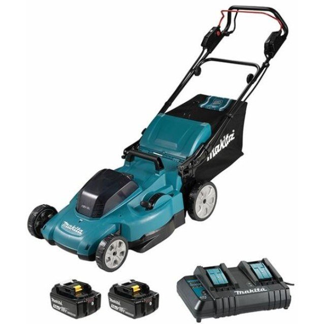 Masina de tuns gazonul Makita DLM539CT2 cu acumulator 18V 2 x 5 Ah, latime de taiere 53 cm, cos colector 70l, autopropulsie