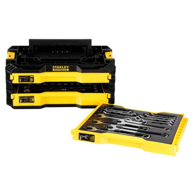 Kit 3 sertare 126 piese STANLEY FATMAX FMMT98107-1, 1/4 si 1/2 inch, conectivitate PRO-STACK , clichet bi-material 120 dinti, tubulare lungi, chei fixe, design durabil, maner pliabil Kit 3 sertare 126 piese STANLEY FATMAX FMMT98107-1, 1/4 si 1/2 inch, conectivitate PRO-STACK , clichet bi-material 120 dinti, tubulare lungi, chei fixe, design durabil, maner pliabil