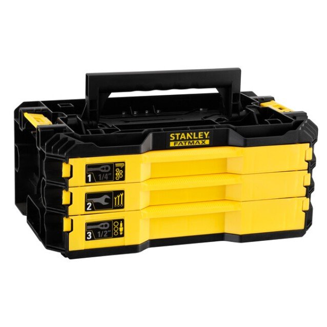 Kit 3 sertare 126 piese STANLEY FATMAX FMMT98107-1, 1/4 si 1/2 inch, conectivitate PRO-STACK , clichet bi-material 120 dinti, tubulare lungi, chei fixe, design durabil, maner pliabil Kit 3 sertare 126 piese STANLEY FATMAX FMMT98107-1, 1/4 si 1/2 inch, conectivitate PRO-STACK , clichet bi-material 120 dinti, tubulare lungi, chei fixe, design durabil, maner pliabil
