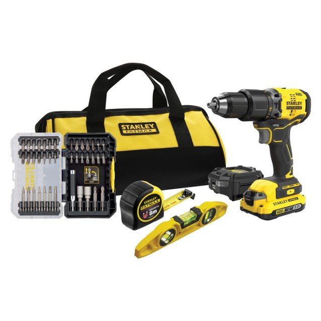 Masina de gaurit si insurubat cu percutie si acumulator Stanley FatMax SFMCK101D1S-QS 18V, motor fara perii, 1 acumulator de 2 ah, incarcator, geanta transport, accesorii
