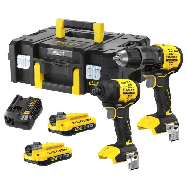 Set 2 scule cu acumulator 18V Stanley FatMax SFMCK201D2T-QW masina de gaurit cu percutie, masina de insurubat cu impact, motor fara perii, 2 x acumulator 2.0 Ah + valiza transport