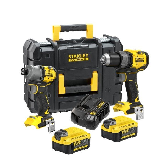 Set 2 scule cu acumulator 18V Stanley FatMax SFMCK211M2T-QW masina de gaurit cu percutie, masina de insurubat cu impact, motor fara perii, 2 x acumulator 4.0 Ah + valiza transport