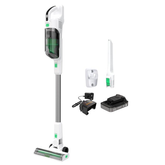 Aspirator vertical 4 in 1 cu acumulator 18V Black Decker REVSV18D1-QW, cu extensie pentru pardosele, carcasa din 50% plastic reciclat, 1 x acumulator 2.0 Ah si incarcator