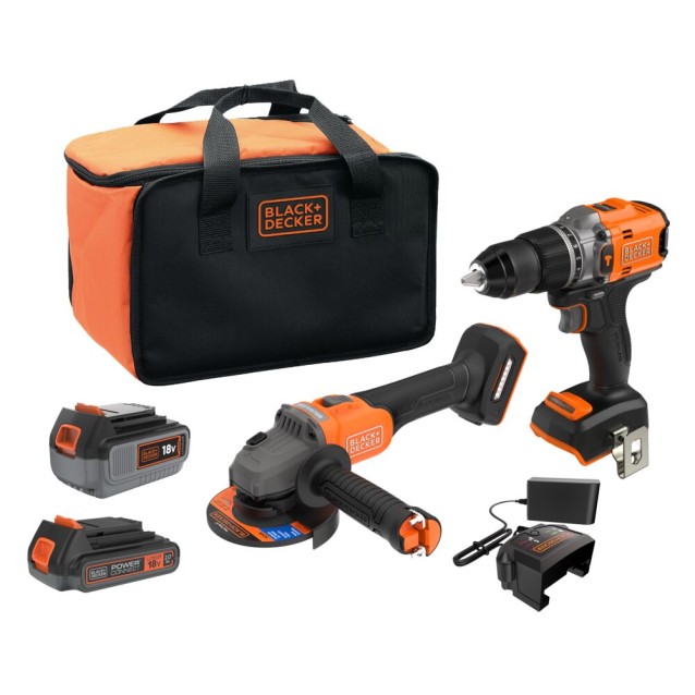Set scule cu acumulator 18V Black Decker BCK24D1M1SB-QW, polizor unghiular 115mm + masina de gaurit si insurubat cu percutie BCD700, 2 acumulatori 2.0 Ah si 4.0 Ah, geanta transport