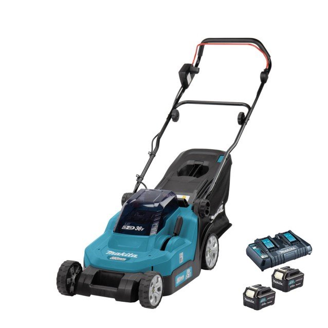 Masina de tuns gazonul Makita DLM432PT2 cu acumulator 18V 2 x 5 Ah, latime de taiere 43 cm, cos colector 50l